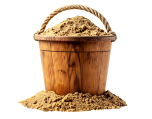 realistic wooden sand bucket filled with natural beach sand, with rustic rope handle and isolated background
