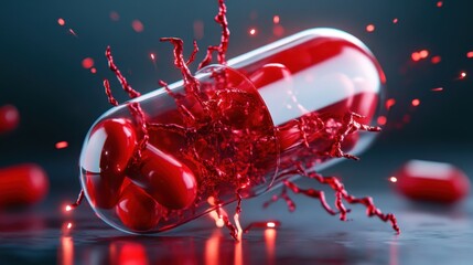 A clear capsule shattering open to reveal vibrant red elements within, symbolizing energy and dynamism against a blurred, abstract backdrop of color.