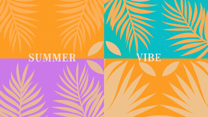 Colorful summer vibe collage with palm leaves in orange, purple, and turquoise, evoking a tropical feel