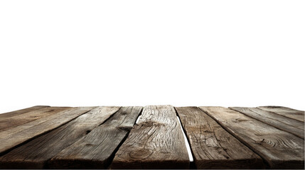 Offering an empty rustic wooden tabletop from a perspective view, featuring a transparent background, perfect for showcasing products or crafting unique scenes