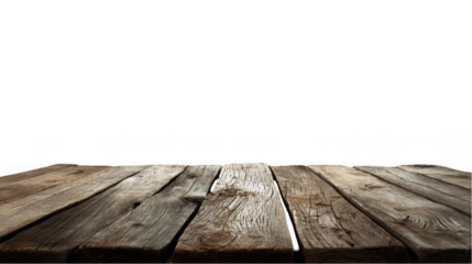 Offering an empty rustic wooden tabletop from a perspective view, featuring a transparent background, perfect for showcasing products or crafting unique scenes