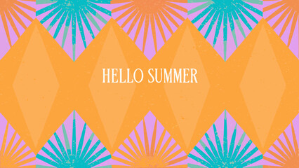 Hello summer text in orange diamond shapes with teal and purple sunburst pattern background design