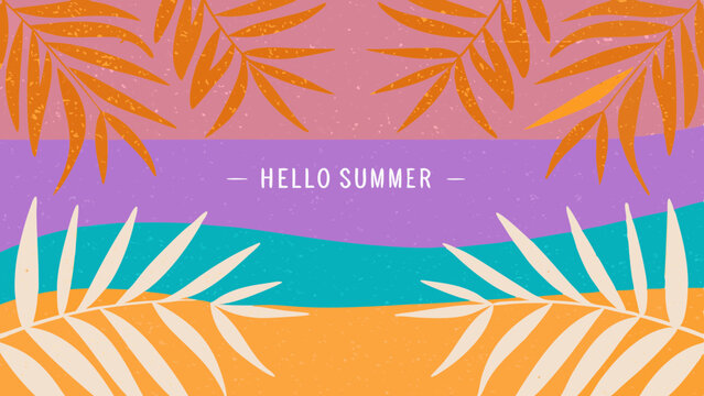 Tropical summer background with palm leaves and colorful stripes with hello summer text 100 char