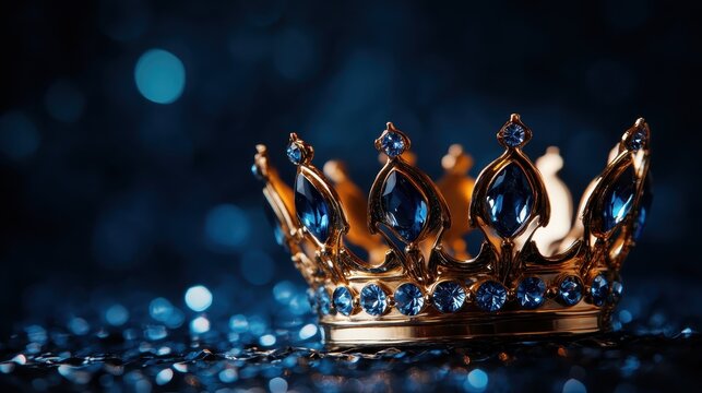 A stunning close-up of an ornate golden crown adorned with blue gemstones, symbolizing royalty and luxury, radiating elegance and grandeur in its design.
