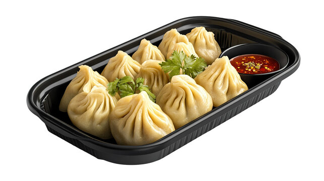 Traditional dumpling momos food from Nepal served with tomato chutney in plate isolated.