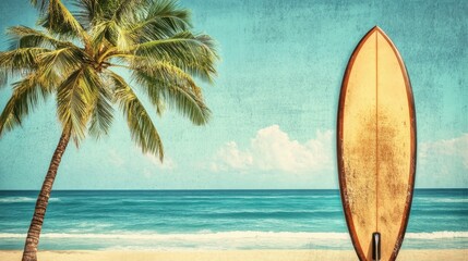 Retro Hawaii: Surfboard and Palm Tree Against a Serene Beach Paradise