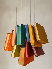 Colorful books suspended in mid-air, creating a vibrant and artistic display.  Perfect for education, reading, and literature concepts.