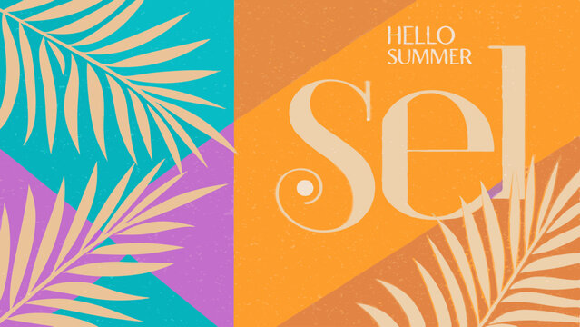 Tropical summer background with palm leaves and hello summer text in vibrant colors and geometric shapes - Powered by Adobe