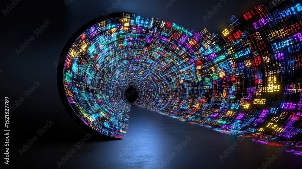 Poster a digital vortex of neon blue and purple light streams forming a tunnel, representing fast data tran
