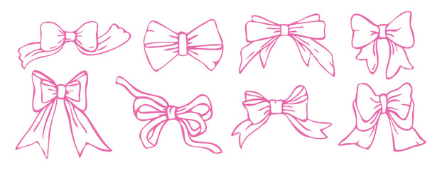 Trendy hand drawn pink bows, ribbons, doodles. Vintage coquette elements for prints, greeting cards, scrapbooking, wedding, invitations. Valentines day, Christmas. Vector illustration isolated