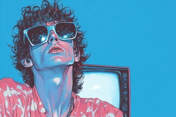 1980s Blue Pop Art Album Cover: Male Singer with Curly Mullet and Sunglasses in Front of Retro TV, Unique Illustration with Copy Space