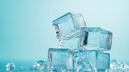 This image features a stack of clear ice cubes on a serene blue background, emphasizing the clarity and refreshing nature of ice in a beautifully lit environment.