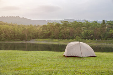 Beautiful tents set up in beautiful nature. Among the trees and green lawns For relaxing holidays and eco-tourism.