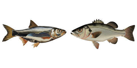 Naklejka premium PNG Two distinct fish illustrations are presented on a transparent background.