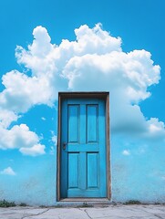 Blue door in the clouds. Surreal, dreamy image of a single blue door leading to the sky.