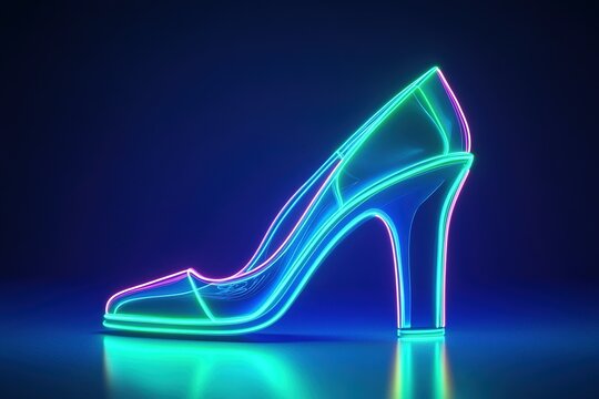 Neon women shoe in blue and green color. elegant design of women shoe with high heel consisting of neon outlines