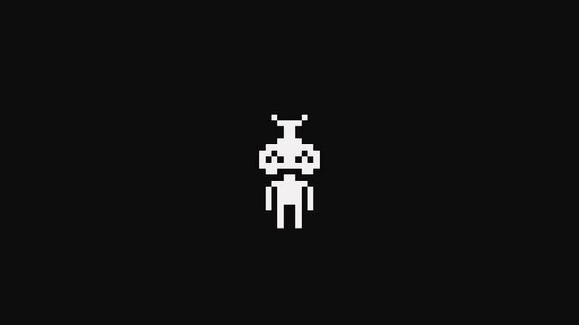 Video of pixel art characters, white robots or aliens walking on a black background, used for lofi backgrounds
