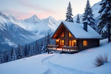 A cozy cabin nestled in a snowy mountain landscape, perfect for a quiet and relaxing holiday escape The ideal winter getaway, away from the hustle and bustle , alpine, new year, nature
