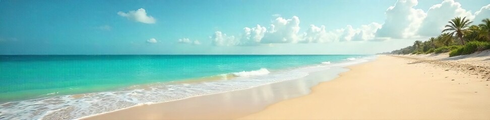 Obraz premium Vast, tranquil beach stretching to a hazy horizon Golden sand meets serene turquoise water under a bright sky Perfect for travel, vacation, and relaxation themes , tranquil, afternoon