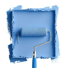 Obraz premium Paint roller rests in tray filled with vibrant blue paint, showcasing fresh and inviting color. smooth texture and clean lines evoke sense of creativity and renewal