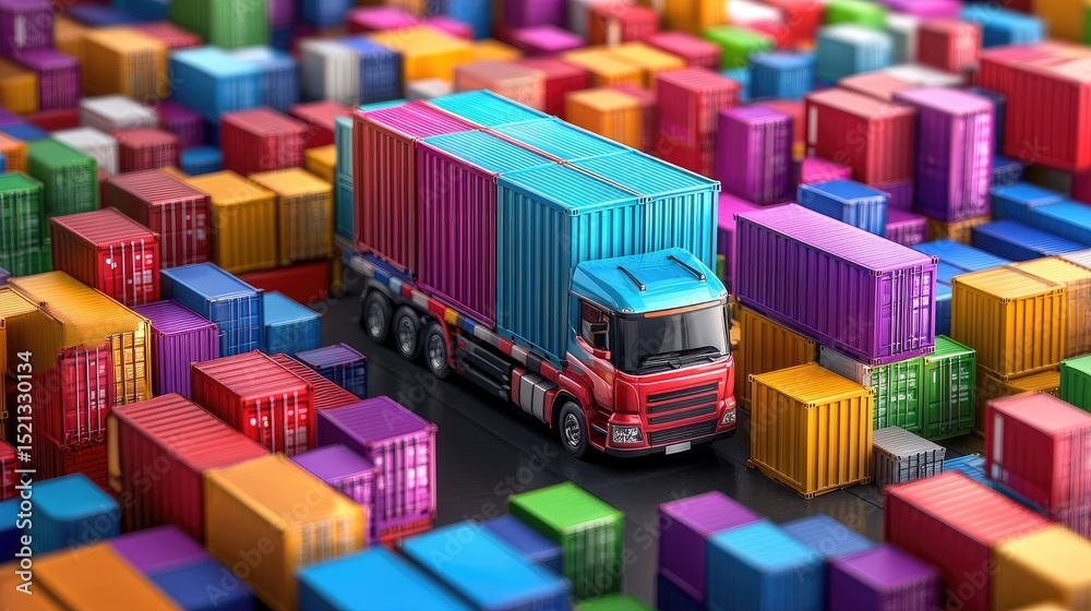 Poster a close-up of a container truck surrounded by colorful cargo boxes, capturing the complexity and ene