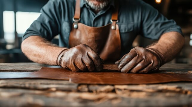 A dedicated craftsman showcases his skilled hands working on a piece of leather, embodying the artistry and tradition of handcrafted leather goods in a warm workshop setting.