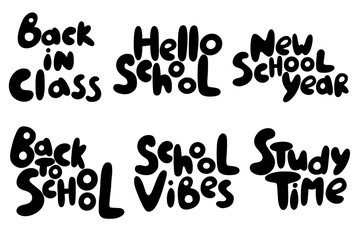 Playful back to school bubble letter phrases. Text phrases in bold bubble letters featuring fun back-to-school sayings like "Study Time", "School Vibes", "Hello school", "Back in class"