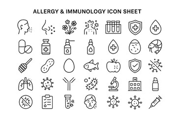 Allergy and Immunology Icon Sheet: A comprehensive icon sheet representing various aspects of allergy and immunology, from common allergens to immune system components.
