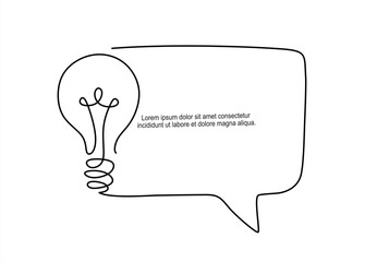 Quick tips.Continuous one line drawing of light bulb and speech bubble. Trendy line art vector on a white background. Editable stroke	