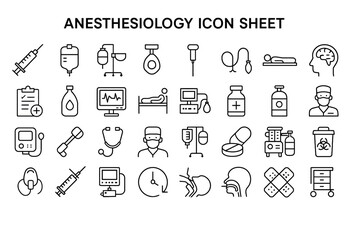 Anesthesiology Icon Sheet: A meticulously crafted collection of icons, each detailing various tools and procedures essential to the practice of anesthesiology. The scene is presented in a clean.