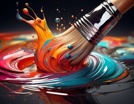 Ein Pinsel taucht in ein chaotisches Gemisch aus fl&uuml;ssigen Farben, die sich spiralf&ouml;rmig auf einer spiegelnden Oberfl&auml;che verteilen.