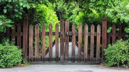 Fototapeta premium Exquisite Iron Driveway Gates Framed by Timber Picket Fence, Surrounded by Lush Gardens and Majestic Trees