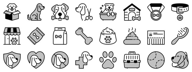 Fototapeta premium Icons in two tones about dogs. Pets.