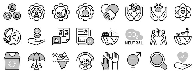 Icons in two tones about Environmental Social Governance.