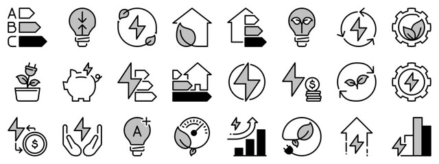 Icons in two tones about  energy efficiency and saving. Sustainable development.