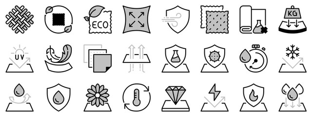 Icons in two tones about fabric features
