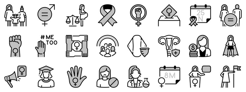 Icons in two tones about feminism.