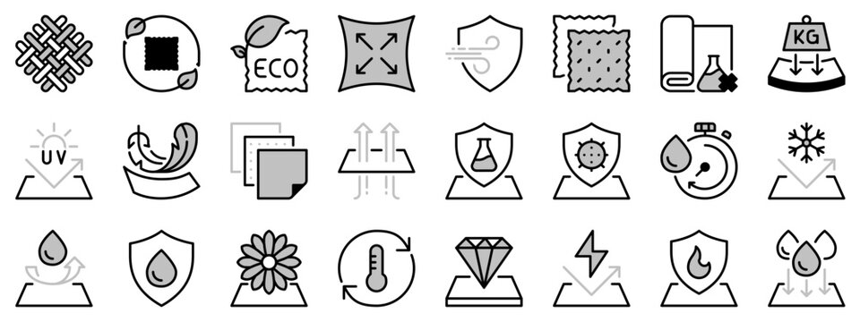 Icons in two tones about fabric features