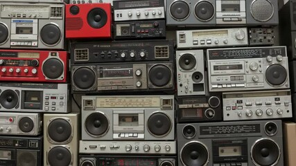 Close-Up of Tape Deck Rewinding – Old School Stereo, Analog Dials, and Grunge Sound Aesthetic