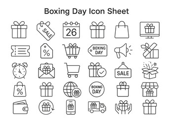 Boxing Day Icon Set: A comprehensive set of icons representing the various elements associated with Boxing Day, perfect for retail, e-commerce, and festive-themed designs.