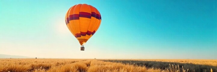 Naklejka premium A vibrant hot air balloon soaring gracefully through a clear blue sky, casting a long shadow on the ground below Perfect for travel, adventure, and freedom concepts , horizon, sunset
