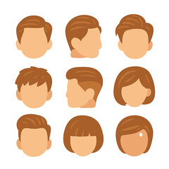 Stylish Haircuts Icons. Flat icon set of combed and styled hair after cut: side part style, slick back hair,