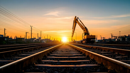 Fototapeta premium Excavator On Railroad Tracks At Sunset