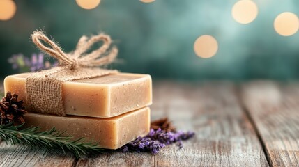 Beautifully crafted soap bar wrapped in twine and adorned with lavender and pine, showcasing the artistry and natural goodness of handmade skincare products.