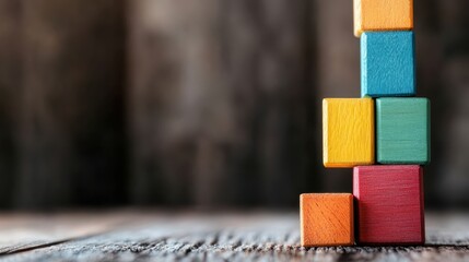 A stack of colorful wooden blocks stands upright on a wooden surface, illustrating creativity and playfulness in a simple yet engaging arrangement.