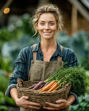 Smiling Farmer Woman Holding Basket of Fresh Carrots and Herbs