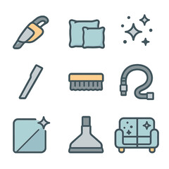 Vacuuming Icons Grid. Flat icon set of vacuuming sofa: handheld vacuum, sofa cushions, dust particles, crevice