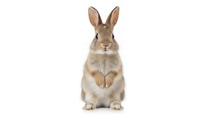 Fototapeta premium An adorable and cute rabbit with brown and cream fur stands isolated on a clean white background in a studio