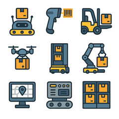 Warehouse Automation Icons. Flat icon set of warehouse automation: sorting robot, barcode scanner, automated