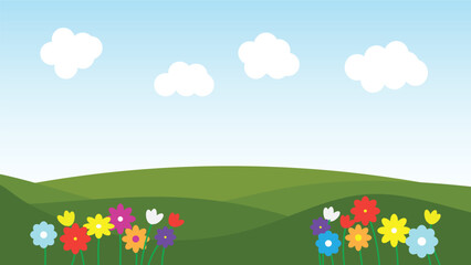 green field with colorful flowers and white fluffy cloud and blue sky. landscape cartoon scene background